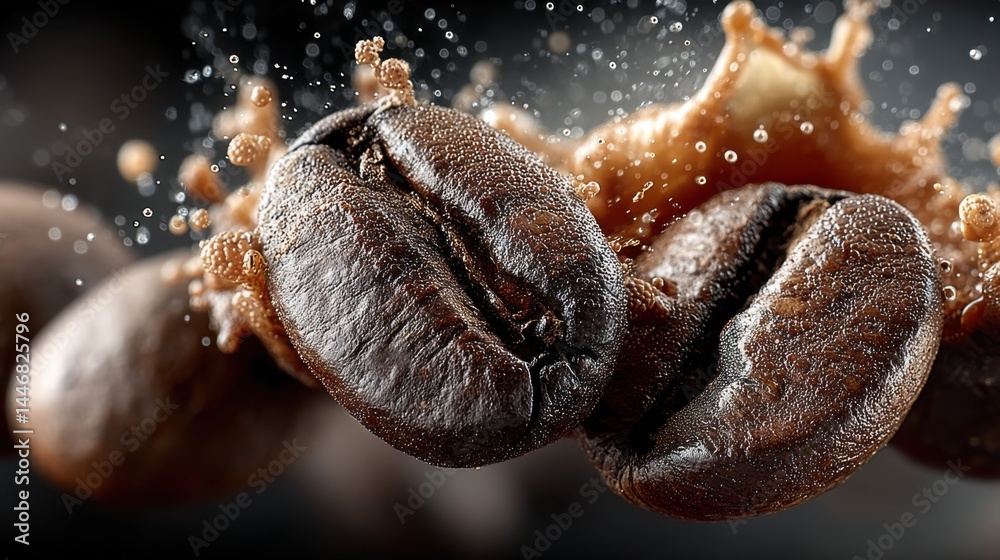Poster macro shot of coffee beans with splash of coffee liquid on dark background