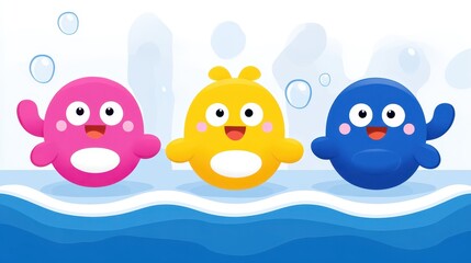 Obraz premium Charming pixelated aquatic creatures in vibrant pink yellow and blue tones depicting cartoonish sea life ideal for children's themes and playful designs
