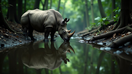 Rhino Drinking from Forest Pool: Reflection Shot