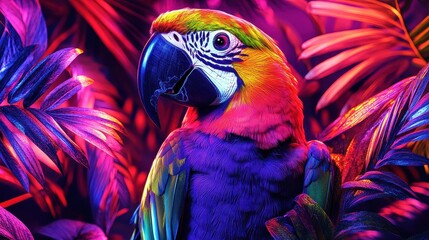 Obraz premium Vibrant parrot in an abstract jungle setting with multicolored foliage and deep red accents creating a tropical and exotic fantasy landscape