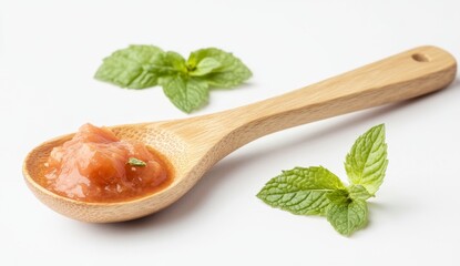 Peach puree in a wooden spoon with fresh mint
