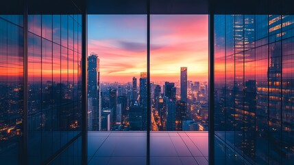 Obraz premium Panoramic View of Bustling City Skyline from an Open Window Framed by Soft Morning Light and Clouds