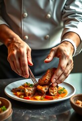 chef is cutting up some food on a plate