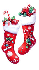 Christmas Stockings Illustration With Gifts, Candy Canes, and Holly Decorated With Snowflakes, Isolated Background