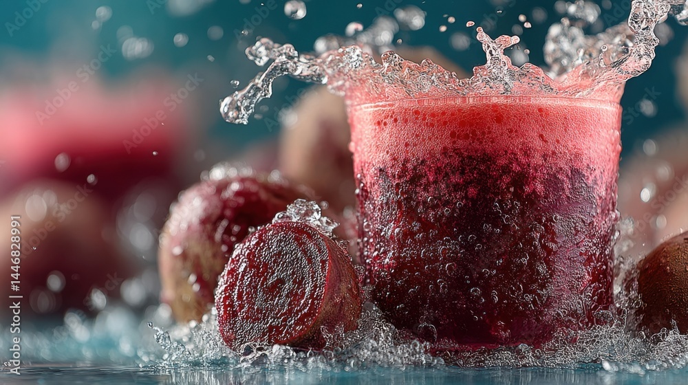 Poster Refreshing beetroot juice splashing in a glass with beetroot slices around