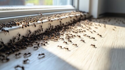 Intrusion of Ants Along a Window Frame in Residential Home Interiors