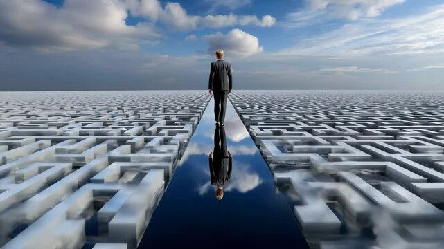 Businessman in a Reflective Maze Under Dramatic Sky