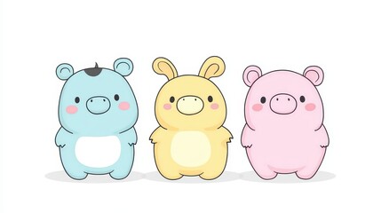 Obraz premium Pastel Pixel Pals Whimsical Characters Adorable Animal Trio Kawaii Creatures Cheerful Design Nostalgic Digital Art Playful Illustration 8bit Charm