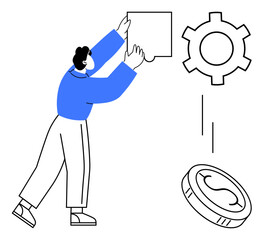 Person placing puzzle piece near gear and coin, illustrating collaboration, problem-solving, productivity, innovation, workflow optimization, creative strategy, and simple landing page