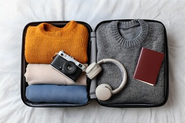 A suitcase is open and contains a variety of items, including a camera