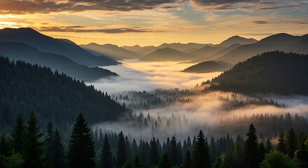 Morning fog rolling over a forested mountain valley with dramatic lighting.