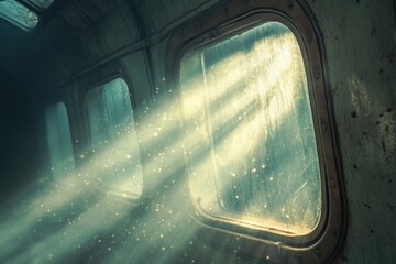 Light beams through old dusty train window