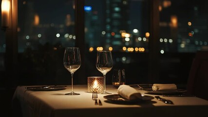 Elegant dining ambiance at night restaurant with city view and candlelit table setting