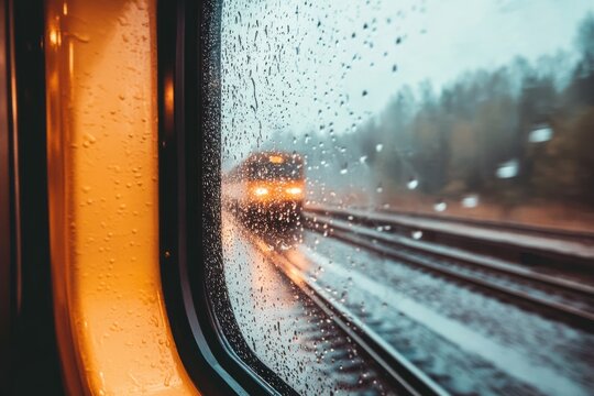 Close-up of train window with raindrops, misty outside view
