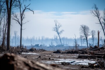 Fototapeta premium High Contrast Landscape of Burned Forest Edge with Untouched Areas and Smoky Horizon