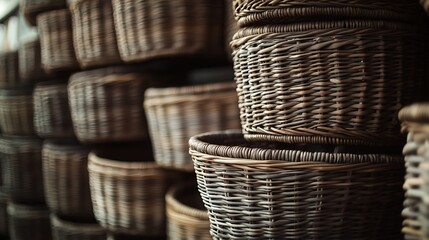 Stacked wicker baskets in a display of rustic containers.