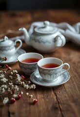 two cups of tea sit on a wooden table