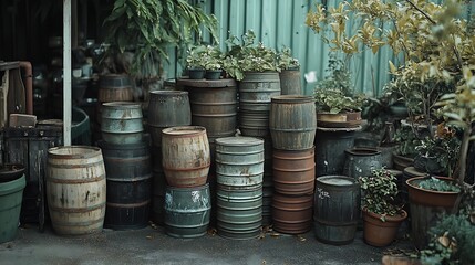 Obraz premium Stacked wooden barrels and planters outdoors.