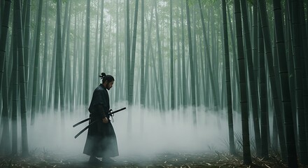A samurai walking silently through a bamboo forest shrouded in mist.