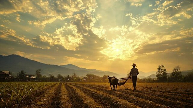 A farmer plows a field at sunset