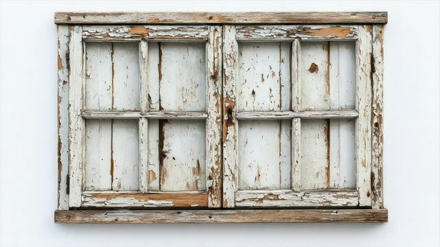 Aged, weathered double-hung window.  A vintage, distressed wooden window frame with peeling paint and visible wood grain.  The divided panes create a detailed, aged look