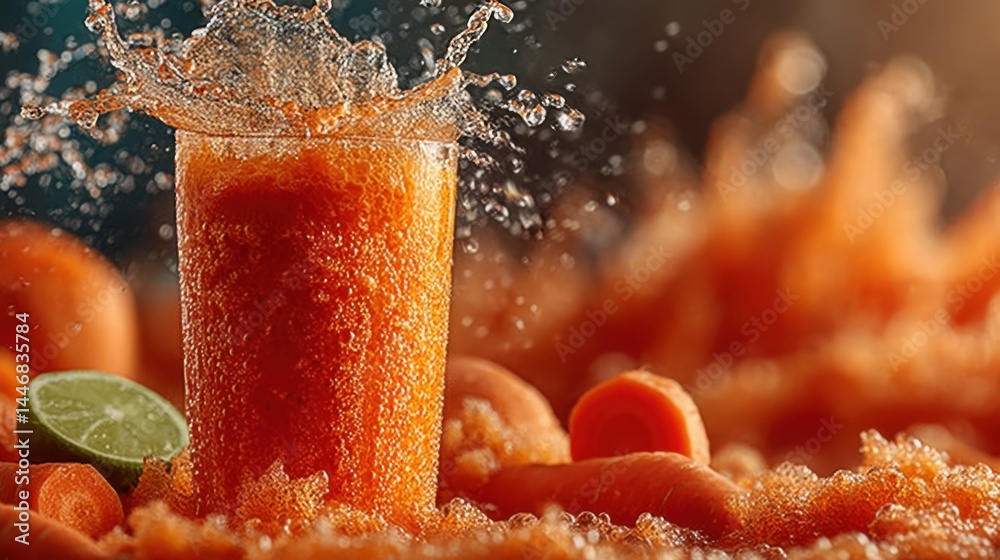 Poster refreshing carrot juice splash with lime and carrots for a healthy drink