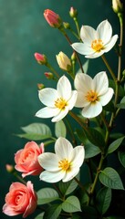 Fototapeta premium Fresh white blooms surrounded by vibrant foliage in a floral arrangement, romantic, decor, natural