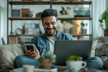 man comfortably utilizes his phone and laptop on sofa for seamless communication, contact, and online chat, while also leveraging computer and smartphone for networking, social media engagement, and m