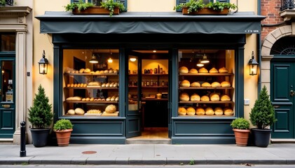 Cozy bakery storefront with rustic charm, showcasing fresh bread and pastries, pastries, storefront, rustic charm