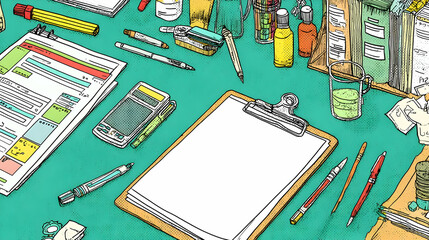 with pastel-colored AI expense bubbles and analog tracking sheets on clipboard