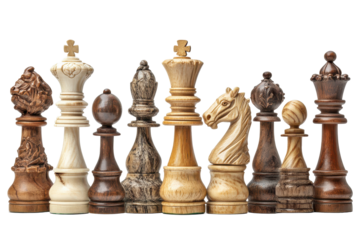 Collection of intricately carved wooden chess pieces, displayed in a horizontal row against a neutral backdrop.  Each piece shows distinct variations in wood grain.