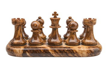 Collection of finely crafted wooden chess pieces situated on a unique, patterned base.  The pieces are displayed in an orderly fashion, exhibiting intricate details and rich wood grain.