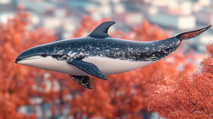 Surreal aquatic mammal art featuring a spotted dolphin with digital rendering and artistic design with orange foliage background and a dreamlike aquatic feel