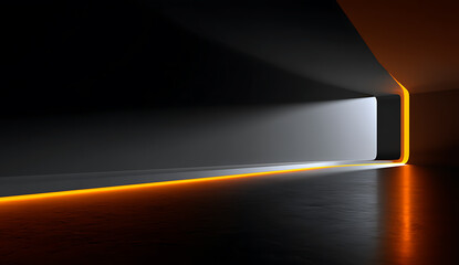 Abstract Minimalist Composition: Dark Background with Right-Side Orange Glow, Long Horizontal Strip, Tilted Edge Depth, High-Contrast Black-White Tones &ndash; Unreal Engine Rendered.Generative AI