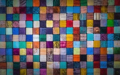 Vibrant mosaic of wooden blocks creating a unique textured background