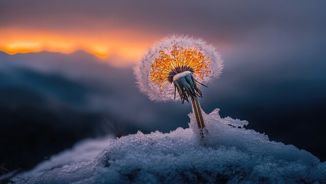 Sunset-lit dandelion seed head in snowy mountains