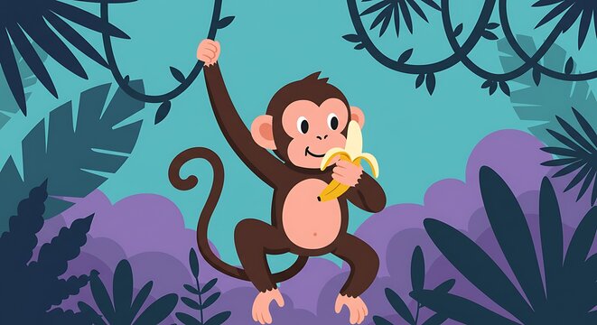 Animated Monkey Swinging with Banana Vector
A colorful vector graphic featuring an animated young monkey swinging from a vine and eating a banana in a tropical jungle. This cartoon illustration 