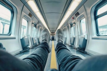 Man stretching legs in spacious train aisle