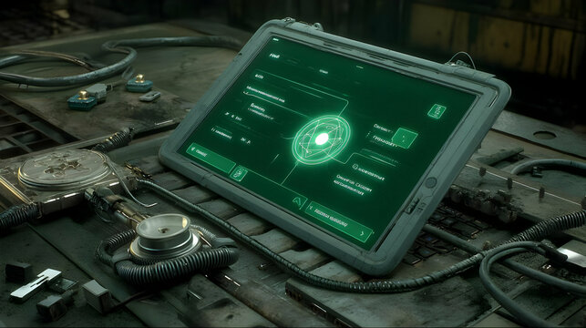 with generative AI neon patterns on screen and cables weaving around mechanical keyboards