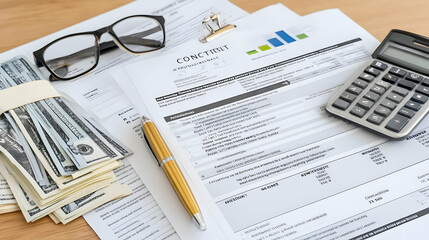 with digital pad showing AI cost estimation visuals and organized monthly bills