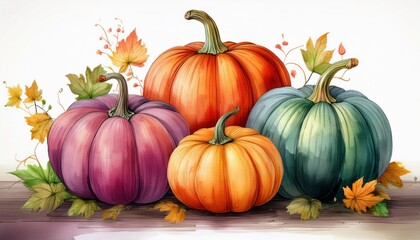 Autumn multicolored Pumpkins on an isolated white background, watercolor painting, hand dra