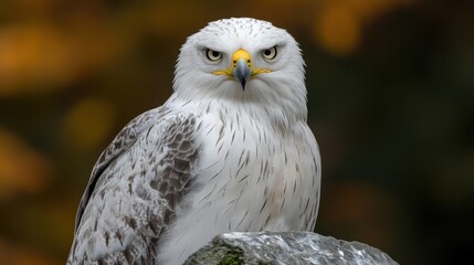 Obraz premium Majestic Gyrfalcon Portrait with Intense Gaze and Speckled Plumage, showcasing Wildlife Beauty and Avian Elegance in a Natural Habitat Setting with dark background