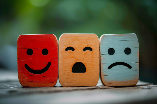 Customers or clients can express their feedback and satisfaction rating for experience survey services and products review through a wooden label featuring happy, normal, and sad faces, representing g