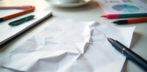 Crumpled white paper with scattered pens and papers, conveying stress and frustration on a desk , papers scattered, frustration, workspace