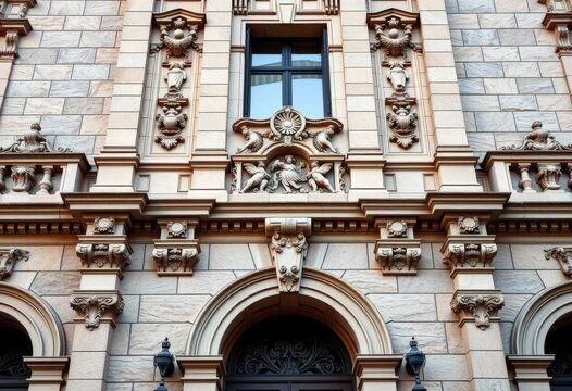 Intricate stonework detail of a Renaissance-era building facade, showcasing symmetry and classical revival elements, facade, dynamic - Powered by Adobe