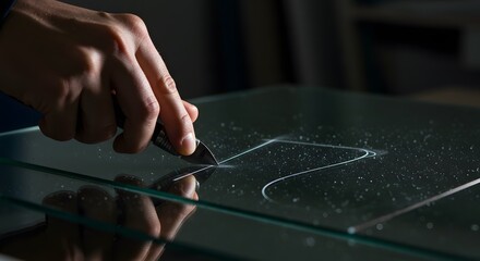 Precise Glass Cutting: A Craftsperson's Hand Scores a Glass Surface with a Utility Knife, Creating a Delicate Line