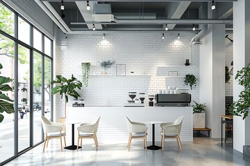 Empty on people . Coffee shop interior design With chairs and white walls.