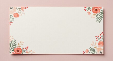 Fototapeta premium Rectangular card with floral decorations in corners on a pink background.