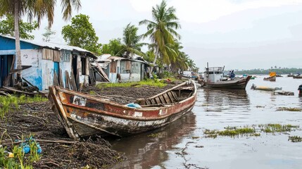 Coastal Village Scene: Damaged Houses and Boats After a Storm