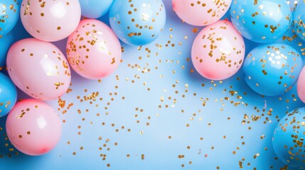 A festive background of pastel pink and blue balloons with golden confetti floating, providing ample copy space for a gender reveal party announcement